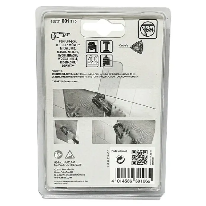 Fein Starlock Hartmetall-Raspel - Breite: 80 mm - Das Bild zeigt die Verpackung eines FEIN-Oszillationswerkzeug-Sägeblatts, geeignet für verschiedene Materialien und Marken, mit der Nummer 63731 001 210.