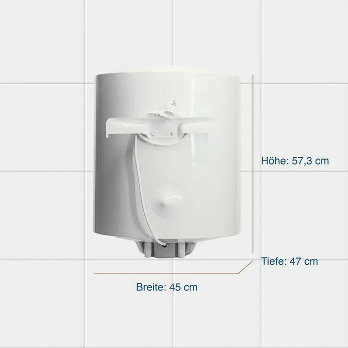 Regent Warmwasserspeicher 50 VR PL EU2 - 50 l, 1,5 kW, Temperaturbereich: 75 °C, Wandmontage - Produktansicht eines weißen Warmwasserbereiters mit Maßangaben zu Höhe, Breite und Tiefe.
