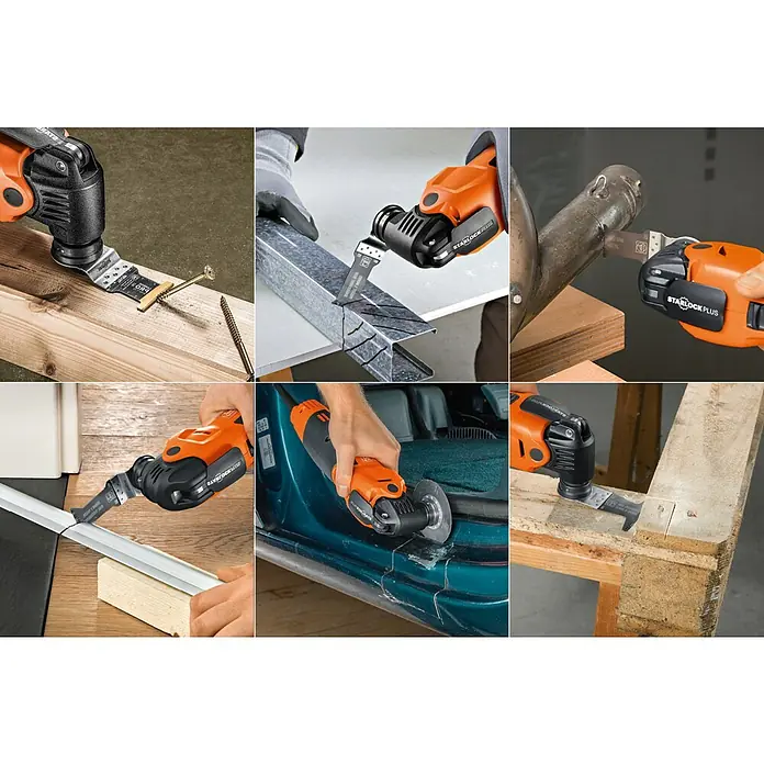 Fein Starlock Zubehör-Set Best of Starlock Metal - 6 Stk., 6 -tlg. - Bild einer oszillierenden Multifunktionswerkzeugmaschine beim Schneiden von verschiedenen Materialien.