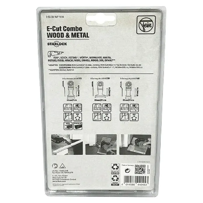 Fein Zubehör-Set E-Cut Combo Starlock Wood & Metal - 3 -tlg. - Verpackung für FEIN E-Cut Combo Holz & Metall Sägeblätter, geeignet für Holz und Metallbearbeitung, mit Starlock Aufnahme.