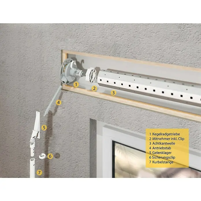 Schellenberg Mitnehmer - Rollladen-Maxi-Systeme - Explosionszeichnung eines Rollladenmechanismus mit den Hauptkomponenten wie Kegelradgetriebe und Kurbelstange.