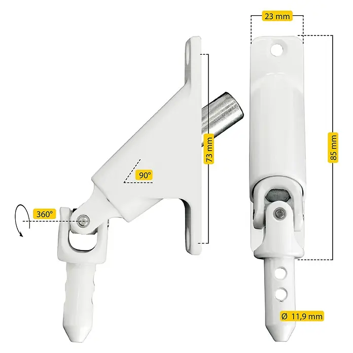 Schellenberg Gelenklagerplatte - Schwenkbereich: 90 °, Lochabstand: 73 mm, B x H: 23 x 85 mm - Produktdarstellung eines weißen, schwenkbaren Fensterfeststellers mit Maßangaben. Perfekt für sichere Fensterpositionierung.