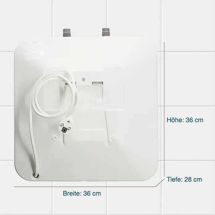 Regent Kleinspeicher 10U - 10 l, 2 kW, Temperaturbereich: 78 °C - Abbildung einer weissen Boiler-Rückansicht mit den Massangaben Breite, Höhe und Tiefe.