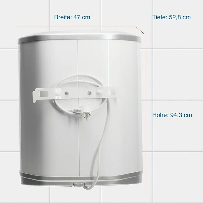 Regent Warmwasserspeicher 100 QB EU2 - 100 l, 2 kW, Temperaturbereich: 80 °C, Wandmontage - Produktansicht eines runden, weißen Warmwasserspeichers mit Maßangaben zu Breite, Tiefe und Höhe.