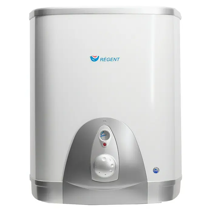 Regent Warmwasserspeicher 50 QB - 50 l, Temperaturbereich: 80 °C, Wandmontage - Nahaufnahme eines Regent-Warmwasserbereiters, der durch seine Funktionalität und sein schlichtes Design überzeugt.