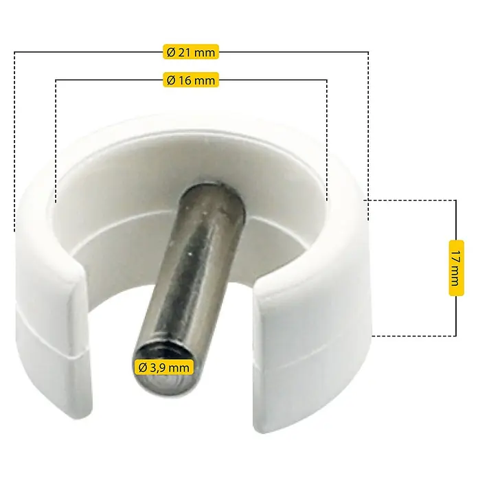 Schellenberg Sicherungsclip - Geeignet für: Kurbelbetriebene Rollläden - Produktansicht eines weißen Kunststoff-Clips mit einer Metallspitze, versehen mit Maßangaben.