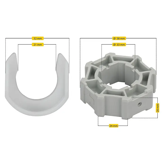 Schellenberg Mitnehmer - Rollladen-Maxi-Systeme - Produktabbildung mit Größenangaben von einer Rohrschelle und einem Abstandhalter für Installationen.