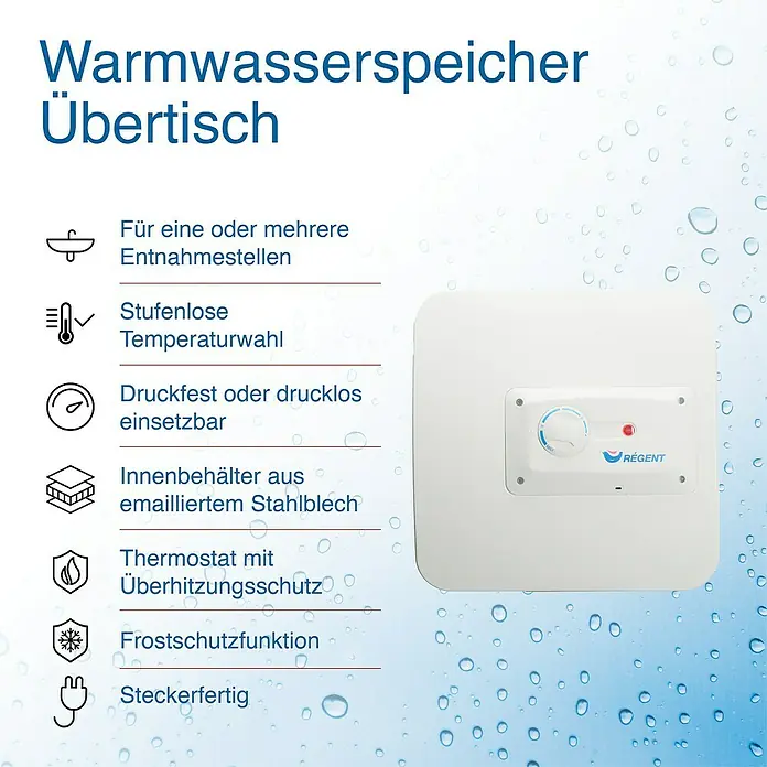 Regent Warmwasserspeicher 30 - 30 l, 2 kW, Obertischmontage - Warmwasserspeicher Übertisch: Kompakter, langlebiger Wasserspeicher für die Wandmontage mit stufenloser Temperaturwahl und Überhitzungsschutz.