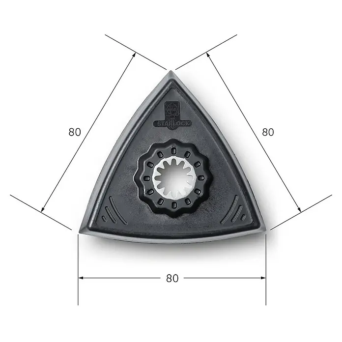 Fein Starlock Schleifplatte - Ungelocht, 2 Stk. - Dreieckige Schleifplatte mit 80 mm Kantenlänge, geeignet für Multitools, mit zentraler Aufnahme und StarLock-System für schnellen Werkzeugwechsel.