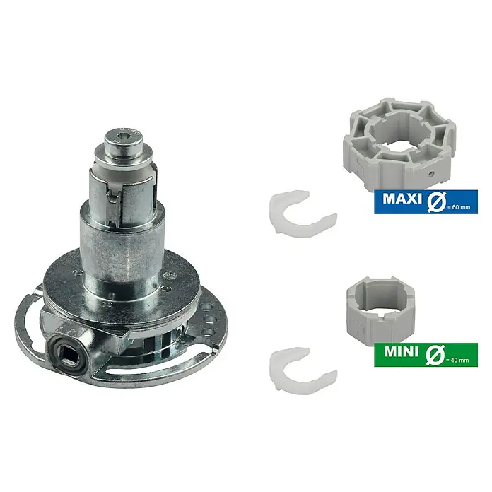 Schellenberg Winkelgetriebe - Geeignet für: Rollladen-Maxi/Mini-Systeme, Durchmesser: 94 mm - Produktbild eines Rohrmotors mit dazugehörigen Adaptern in Mini- und Maxi-Größe für Rollläden.