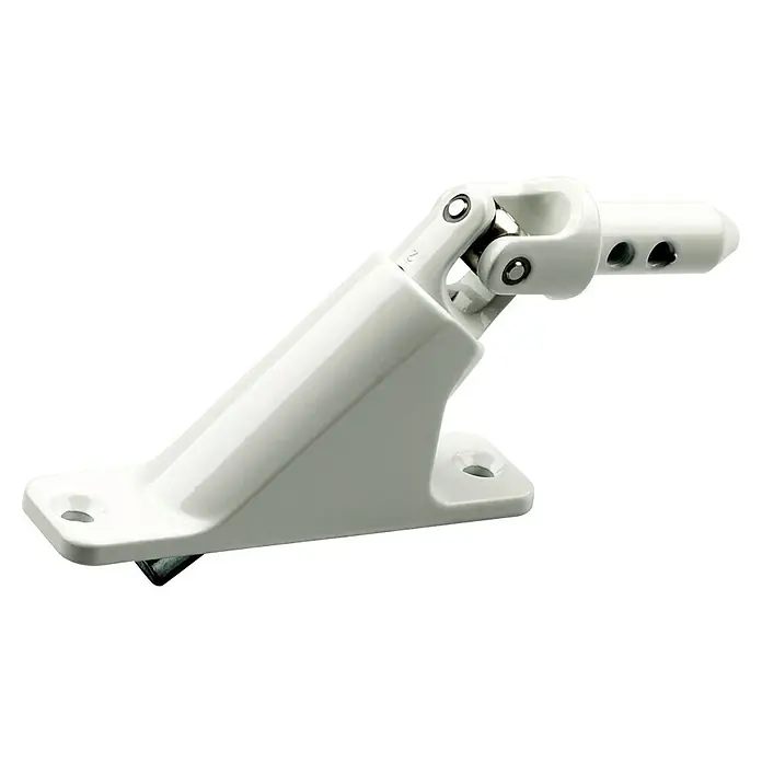 Schellenberg Gelenklagerplatte - Schwenkbereich: 90 °, Lochabstand: 73 mm, B x H: 23 x 85 mm - Detailaufnahme einer weißen Türstopper-Halterung mit Gelenk und Befestigungslöchern, ideal für die Montage und den Schutz von Türen.