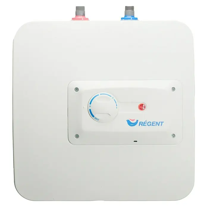 Regent Kleinspeicher 10U - 10 l, 2 kW, Temperaturbereich: 78 °C - Nahansicht eines weißen Regent-Warmwasserbereiters mit Temperaturregler und Anzeigeleuchte.