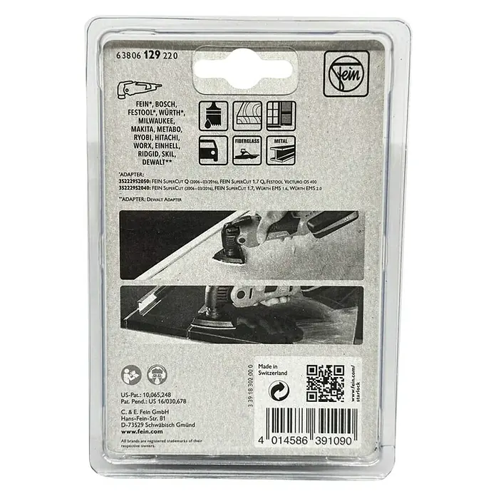 Fein Starlock Schleifplatte - Ungelocht, 2 Stk. - Verpackungsrückseite eines Fein Multimaster Zubehörteils, kompatibel mit Werkzeugen von Bosch, Festool, Milwaukee, Makita, Ryobi und Dewalt.