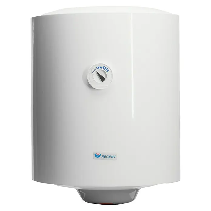 Regent Warmwasserspeicher 50 VR PL EU2 - 50 l, 1,5 kW, Temperaturbereich: 75 °C, Wandmontage - Nahaufnahme eines weißen Warmwasserbereiters von Regent mit Temperaturregler und Logo, ideal für den Haushalt.