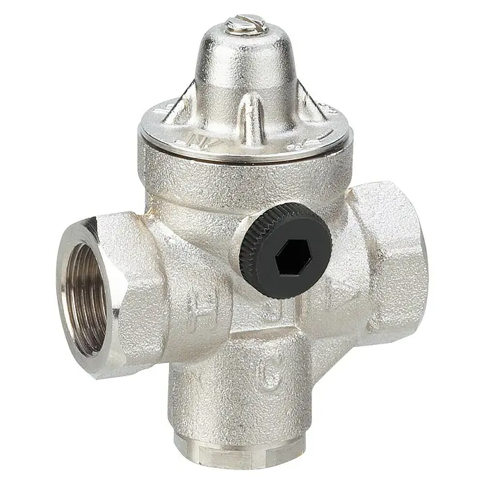 Sicherheitsgruppe - 5,25 x 10,6 x 14,1 cm, Mit Druckminderer - Ein silberfarbenes Druckminderventil mit einem schwarzen Sechskant-Einstellknopf. Das Ventil ist für Sanitäranwendungen konzipiert.