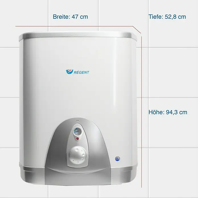 Regent Warmwasserspeicher 100 QB EU2 - 100 l, 2 kW, Temperaturbereich: 80 °C, Wandmontage - Produktansicht des weißen "Regent"-Warmwasserbereiters mit Maßangaben für Breite, Tiefe und Höhe.
