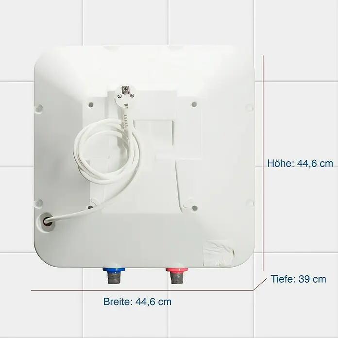 Regent Warmwasserspeicher 30 - 30 l, 2 kW, Obertischmontage - Rückansicht eines weißen Warmwasserbereiters mit Maßangaben.