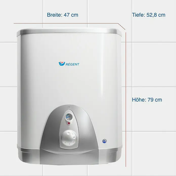 Regent Warmwasserspeicher 80 QB EU - 80 l, 2 kW, Temperaturbereich: 80 °C, Wandmontage - Abbildung eines Regént-Warmwasserspeichers mit Größenangaben.