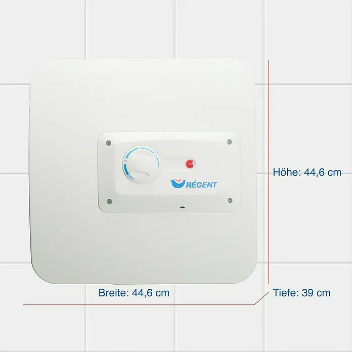 Regent Warmwasserspeicher 30 - 30 l, 2 kW, Obertischmontage - Abbildung eines weißen Regént-Warmwasserbereiters mit den Maßen 44,6 x 44,6 x 39 cm.