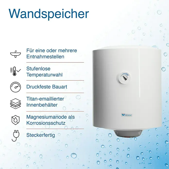 Regent Warmwasserspeicher 80 VR PL EU2 - 80 l, 1,5 kW, Temperaturbereich: 75 °C, Wandmontage - Abbildung eines Wandspeichers mit Produktdetails, der sich ideal für die Warmwasserbereitung in Wohnräumen eignet.