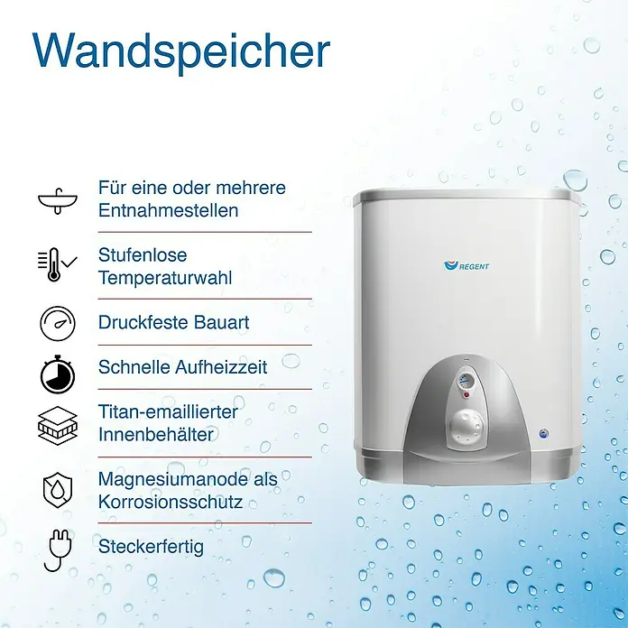 Regent Warmwasserspeicher 80 QB EU - 80 l, 2 kW, Temperaturbereich: 80 °C, Wandmontage - Abbildung eines weißen Wandspeichers mit blauen Akzenten, der für die Warmwasserbereitung im Haushalt konzipiert ist.