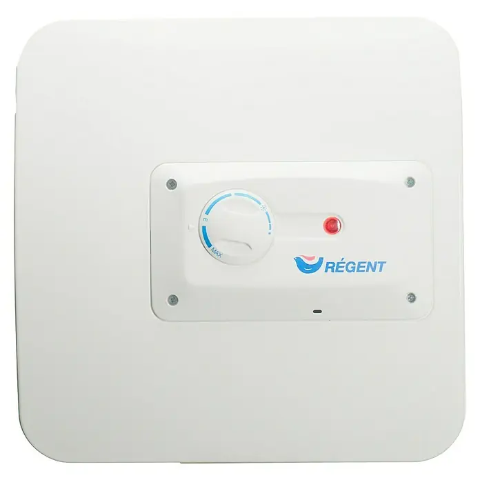 Regent Warmwasserspeicher 30 - 30 l, 2 kW, Obertischmontage - Ein weißer Regent Wasserkocher mit Temperaturregler und roter Betriebsanzeige.