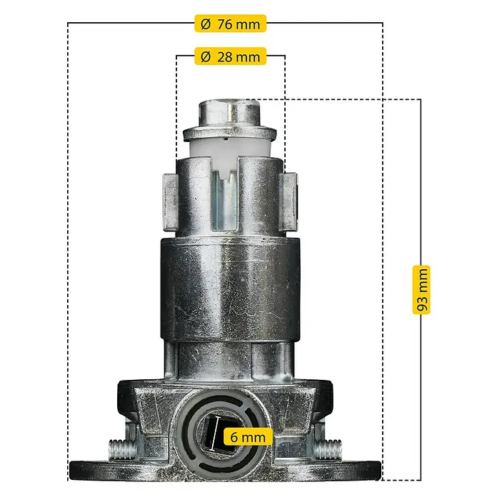 Schellenberg Winkelgetriebe - Geeignet für: Rollladen-Maxi/Mini-Systeme, Durchmesser: 75 mm - Detailaufnahme eines silberfarbenen Ventils mit Maßangaben. Die Abmessungen sind eingezeichnet.