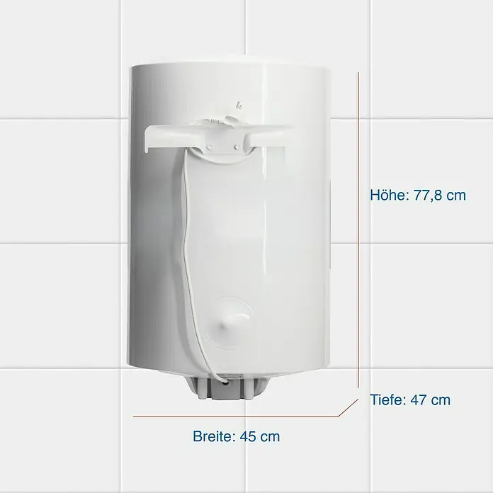 Regent Warmwasserspeicher 80 VR PL EU2 - 80 l, 1,5 kW, Temperaturbereich: 75 °C, Wandmontage - Abbildung eines weißen Warmwasserbereiters mit Maßangaben zu Höhe, Breite und Tiefe vor hellem Fliesenhintergrund.
