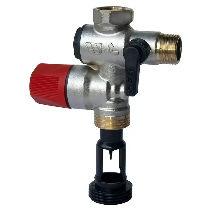 Sicherheitsgruppe - 5,25 x 10,6 x 14,1 cm, Ohne Druckminderer - Nahaufnahme eines Thermostatmischers mit rotem Einstellknopf und schwarzem Hebel auf schwarzem Hintergrund.