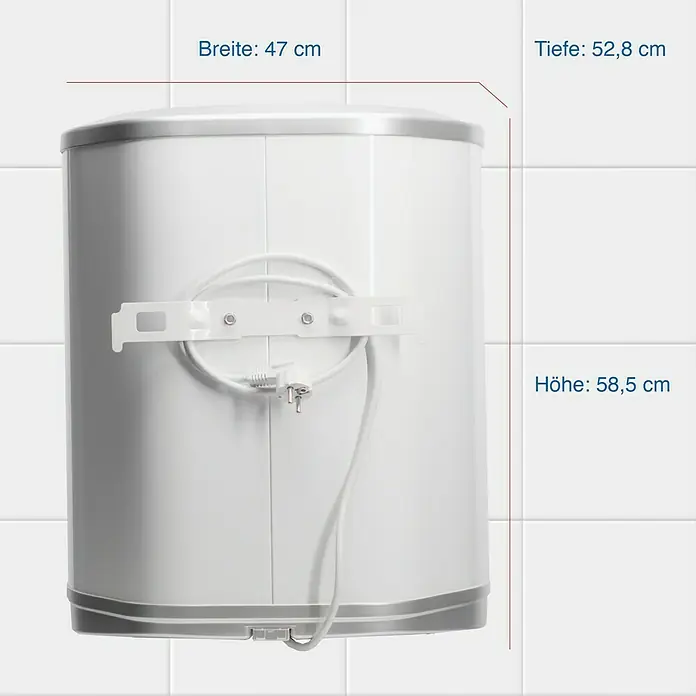 Regent Warmwasserspeicher 50 QB - 50 l, Temperaturbereich: 80 °C, Wandmontage - Abbildung eines weißen Warmwasserbereiters mit Maßangaben für Breite, Tiefe und Höhe, um die Produktabmessungen darzustellen.