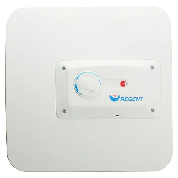 Regent Kleinspeicher 15 - 15 l, 2 kW, Temperaturbereich: 74 °C - Nahansicht eines weißen Régent Warmwasserbereiters mit Temperaturregler und roter Betriebsanzeige.