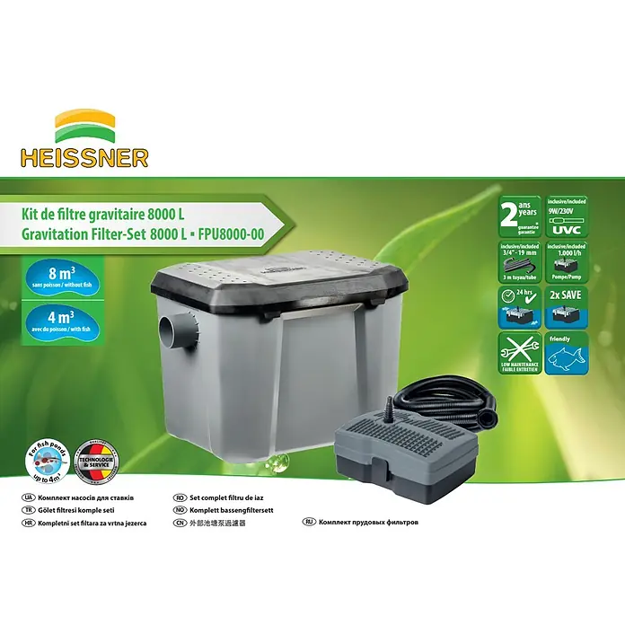Heissner Durchlauffilter-Set - 33 W, Teichgröße: 8.000 l - Produktbild des Heissner Gravitationsfilter-Sets 8000 L - FPU8000-00 mit Pumpe und Schlauch für Teiche bis 8 m³ ohne und 4 m³ mit Fischbesatz.