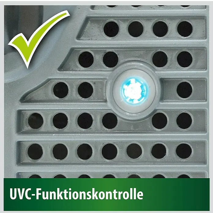 Heissner Durchlauffilter-Set - 33 W, Teichgröße: 8.000 l - Nahaufnahme einer UVC-Funktionskontrolle mit grünen Häkchen und LED-Anzeige für die einwandfreie Funktion.