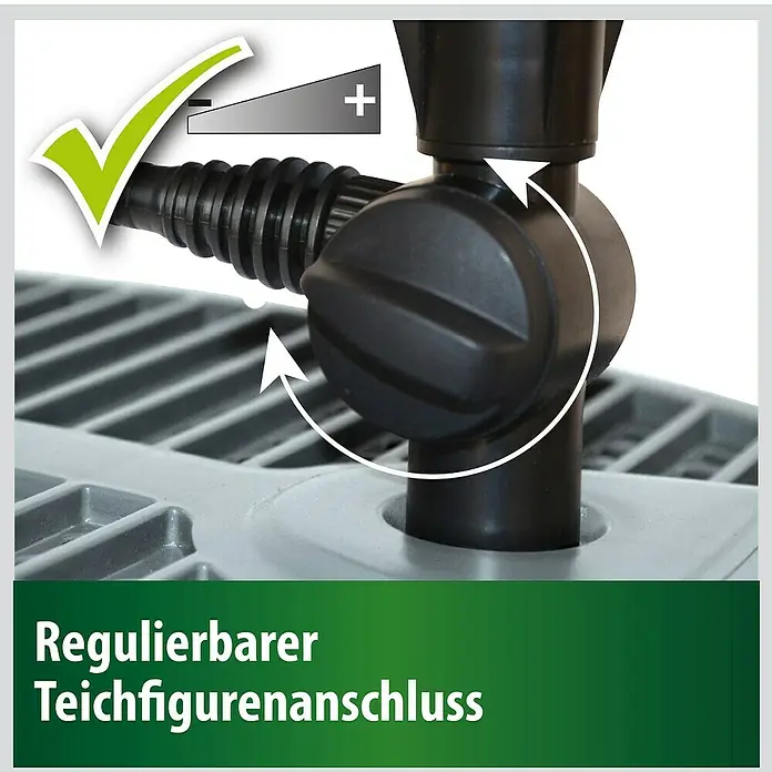 Heissner Durchlauffilter-Set - 33 W, Teichgröße: 8.000 l - Bild eines regulierbaren Teichfigurenanschlusses, der die Anpassung des Wasserdurchflusses ermöglicht.