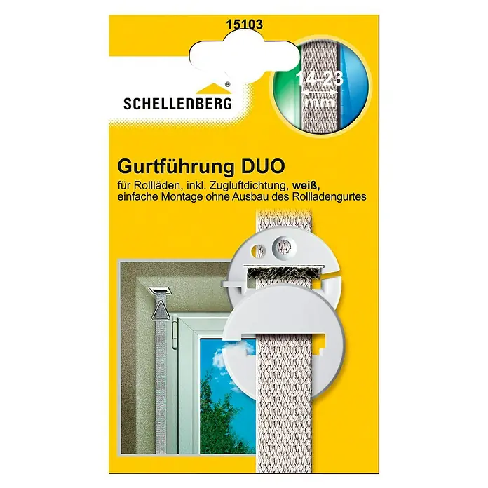 Schellenberg Gurtführung DUO - Rund, Rollladen-Maxi-Systeme, Zugluftdichtung, Weiß - Produktverpackung für Schellenberg Gurtführung DUO, ein Set zur einfachen Rollladenmontage ohne Ausbau des Rollladengurtes, in Weiß.
