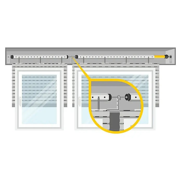 Schellenberg Rollladen-Mittellager - Durchmesser Achtkantwelle: 60 mm, Geeignet für: Rollladen-Maxi-Systeme - Nahaufnahme eines Rollladenmechanismus an einem Fenster, der die komplexe Konstruktion und Funktionalität hervorhebt.