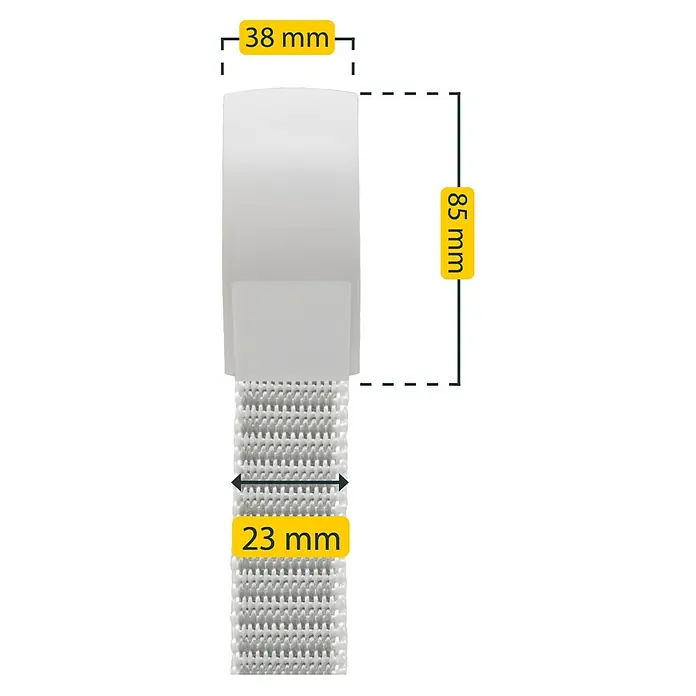Schellenberg Duo Plus Gurtführung Maxi - Gurtbreite: 23 mm, Schwere Rollläden, Zugluftdichtung, Weiß - Produktabbildung mit Maßangaben. Die Abmessungen sind 38 mm Breite, 85 mm Länge und 23 mm für den Gurtbereich.