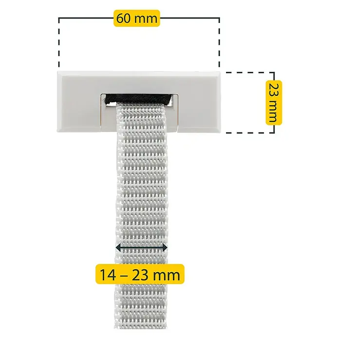 Schellenberg Gurtführung DUO - Rechteckig, Rollladen-Maxi-Systeme, Zugluftdichtung, Weiß - Abbildung einer Rollladengurtführung mit den Maßen 60 mm x 23 mm und einer Gurtbreite von 14-23 mm.