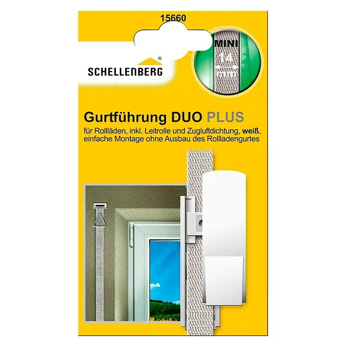 Schellenberg Gurtführung DUO PLUS - Gurtbreite: 14 mm, Schwere Rollläden, Zugluftdichtung, Weiß - Produktverpackung für Schellenberg Gurtführung DUO PLUS, geeignet für Rollläden, inklusive Leitrolle und Zugluftdichtung, einfache Montage.