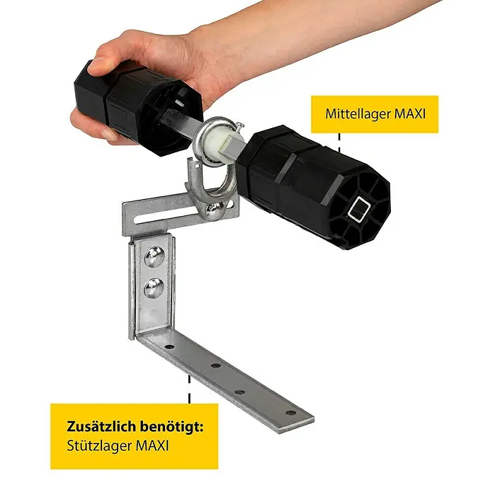 Schellenberg Rollladen-Mittellager - Durchmesser Achtkantwelle: 60 mm, Geeignet für: Rollladen-Maxi-Systeme - Bild eines Rollladensystems mit Mittellager MAXI und Stützlager MAXI für zusätzlichen Halt.\n