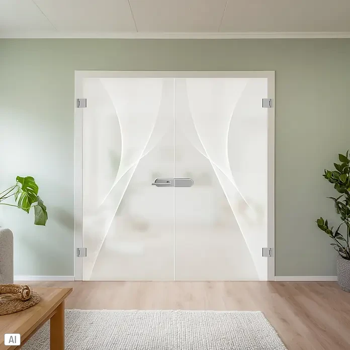 Diamond Doors Glastürbeschlag Sky - Aluminium EV1, Bandbohrung/Bänder: Office 3-teilig - Elegante Glastüren mit abstraktem Design. Die Tür ist mit modernen Griffen und Beschlägen ausgestattet und bietet einen stilvollen Übergang.