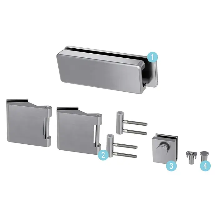 Diamond Doors Beschlag-Set Style Premium - Edelstahloptik matt, Passend für: Zweiflügelige Diamond Ganzglas-Drehtüren - Produktbild von verschiedenen Duschkabinenbeschlägen, darunter Scharniere, Verbinder und Halterungen in Silber.