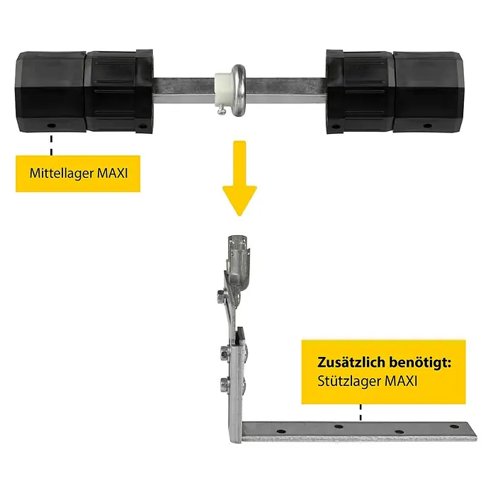 Schellenberg Rollladen-Mittellager - Durchmesser Achtkantwelle: 60 mm, Geeignet für: Rollladen-Maxi-Systeme - Produktdiagramm mit der Anordnung von Mittellager MAXI und Stützlager MAXI.