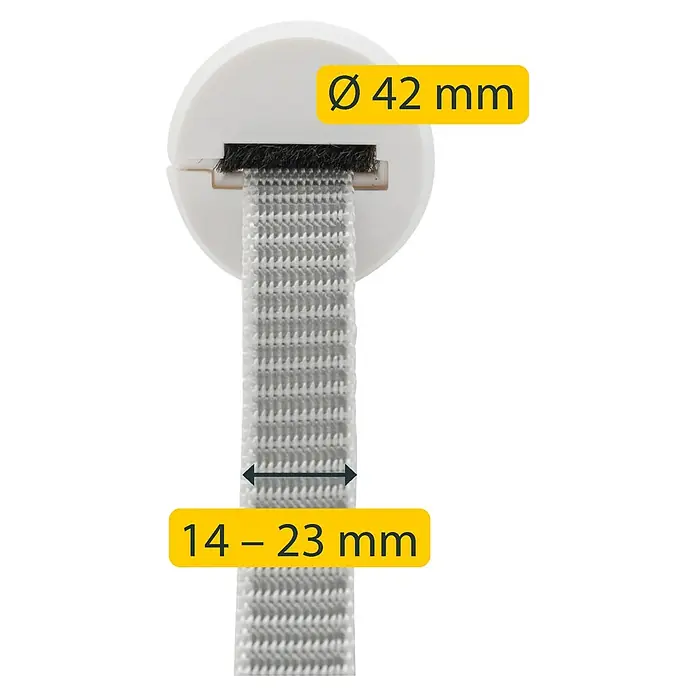 Schellenberg Gurtführung DUO - Rund, Rollladen-Maxi-Systeme, Zugluftdichtung, Weiß - Nahaufnahme eines Kabelbinders mit einem Durchmesser von 42 mm und einer Breite von 14-23 mm.