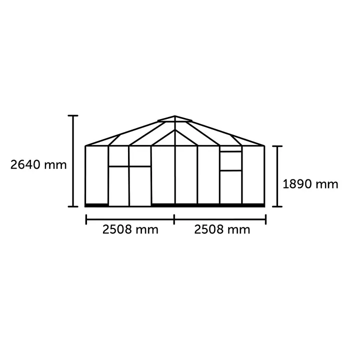 Halls Gewächshaus Qube Square - Außenmaß inkl. Dachüberstand (B x T): 250,8 x 250,8 cm, Material Seitenwand: Glas, 3 mm, Schwarz - Abbildung eines Gewächshauses mit den Maßen 2640 mm Höhe, 5016 mm Breite und einer Seitenhöhe von 1890 mm.