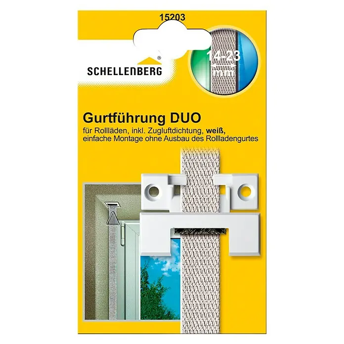 Schellenberg Gurtführung DUO - Rechteckig, Rollladen-Maxi-Systeme, Zugluftdichtung, Weiß - Produktverpackung für Schellenberg Gurtführung DUO in Weiß. Geeignet für Rollläden mit Zugluftdichtung, einfache Montage ohne Ausbau.