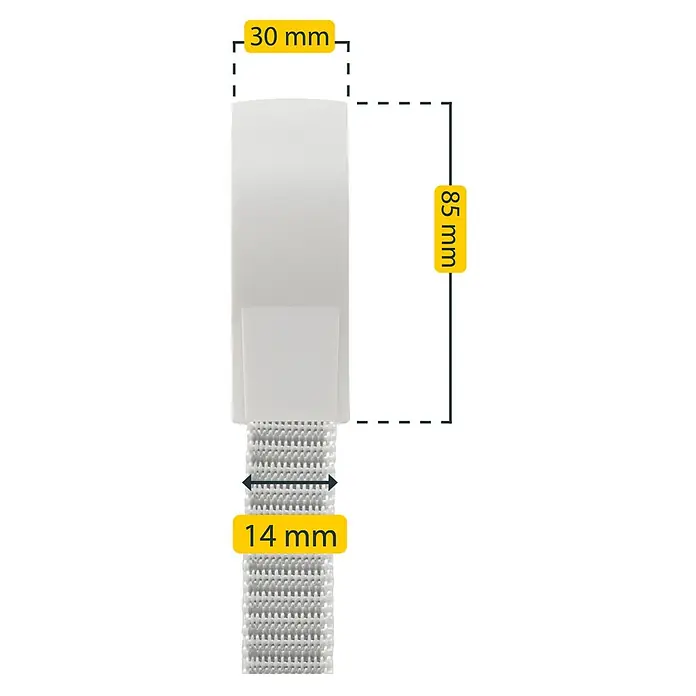 Schellenberg Gurtführung DUO PLUS - Gurtbreite: 14 mm, Schwere Rollläden, Zugluftdichtung, Weiß - Produktdarstellung mit Größenangaben. Der weiße Clip mit Gurtband ist 85 mm hoch und 30 mm breit, das Gurtband ist 14 mm breit.