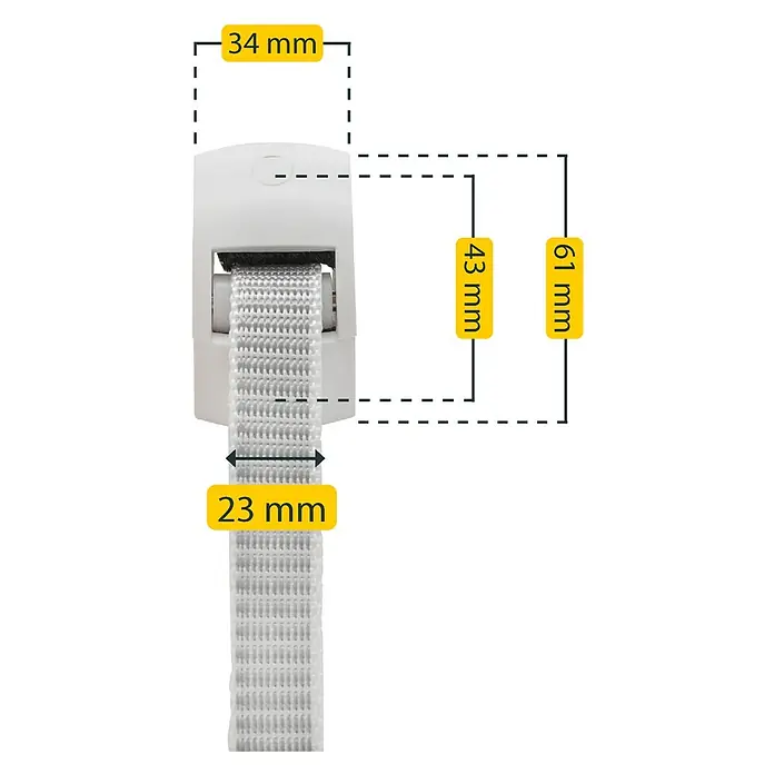 Schellenberg Gurtführung DUO Maxi - Geeignet für: Rollladen-Maxi-Systeme - Eine Nahaufnahme eines weißen Riemenschnallenverschlusses mit Maßen, der die Abmessungen des Produkts hervorhebt.