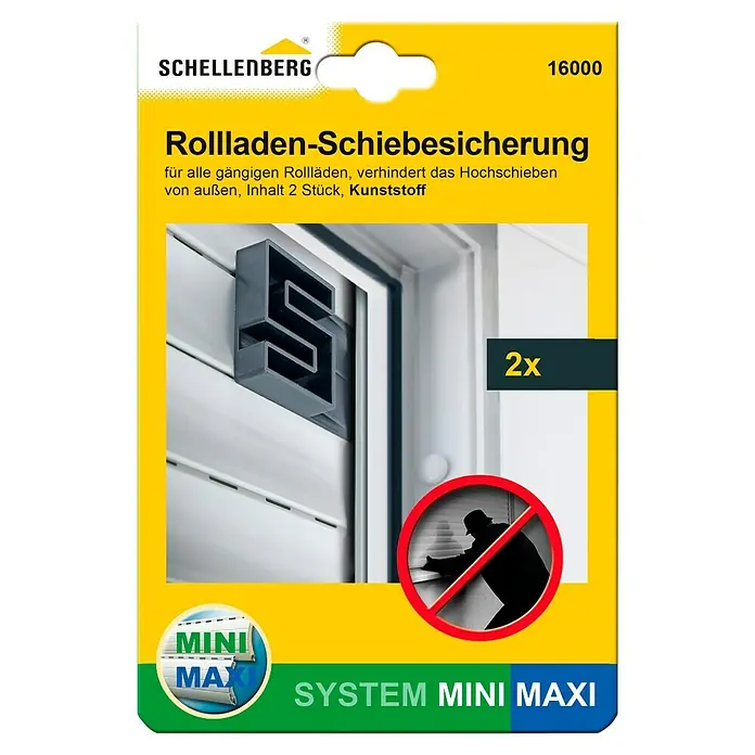 Schellenberg Hochschiebesicherung - 2 Stk. - Verpackung einer Schellenberg Rollladen-Schiebesicherung, die das Hochschieben von Rollläden verhindert und aus Kunststoff besteht.