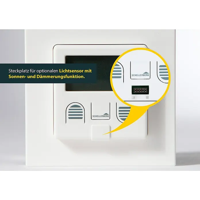 Schellenberg Zeitschaltuhr Plus - 50 x 80 x 80 mm, Weiß, Unterputz - Detailansicht eines Schellenberg-Produkts, das einen Steckplatz für einen optionalen Lichtsensor mit Sonnen- und Dämmerungsfunktion zeigt.